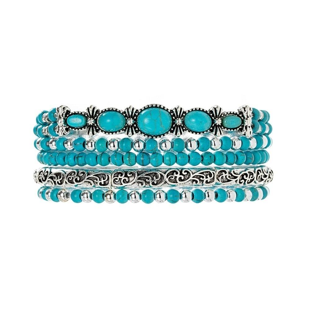 5Pcs New Green Turquoise Beads Bracelet Elastic Bohemian Beaded Bangles Set Handmade Stacked Hand Chain Gifts