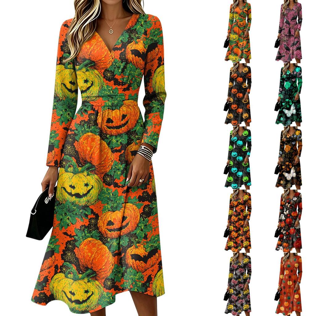 Women's Stylish Halloween Print Long Sleeve V-Neck Casual Dress with Pockets