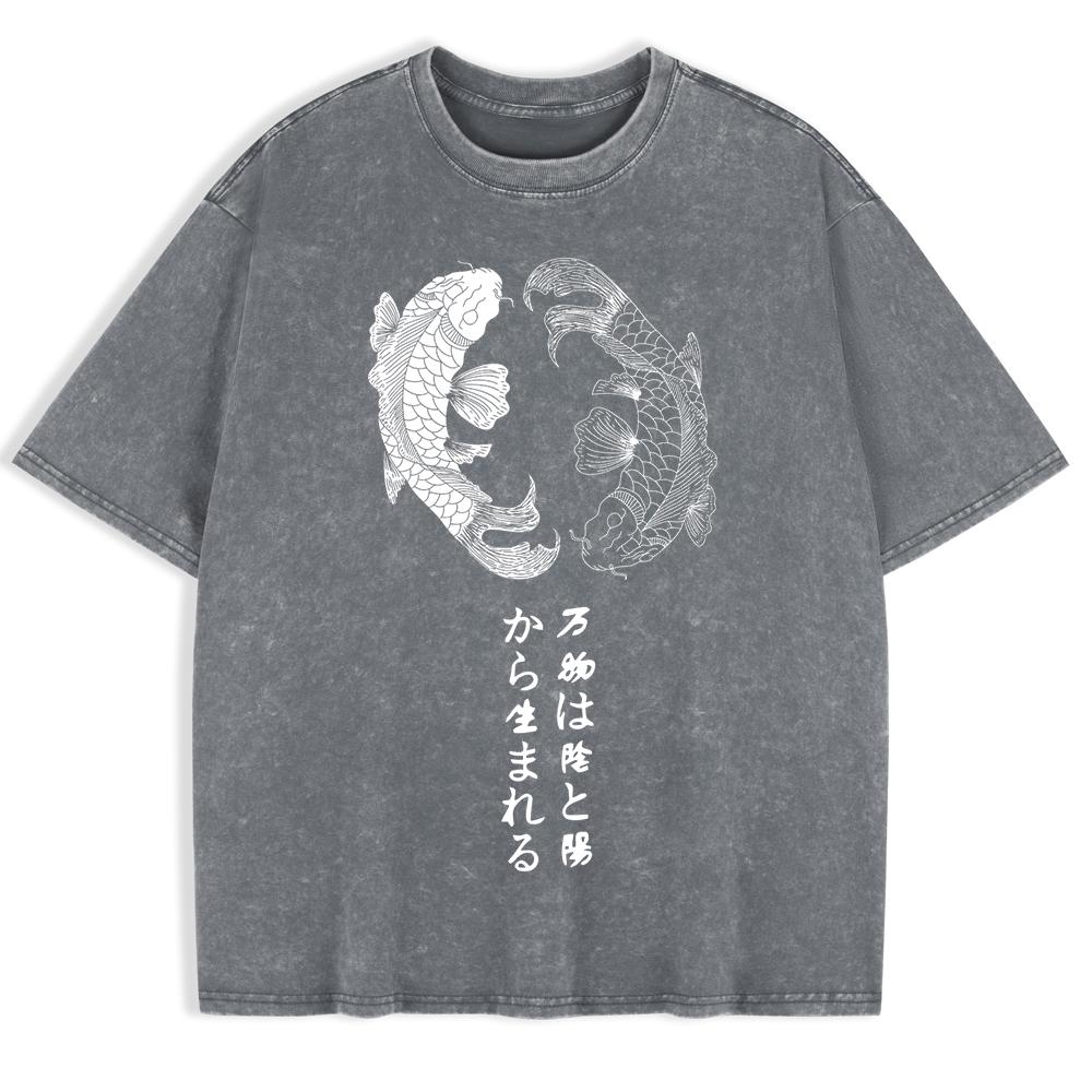 Japanese Koi Harajuku Printed Washed T-Shirts Mens Cotton Short Sleeve Tops Casual O-Neck Oversize T Shirt Soft Clothes