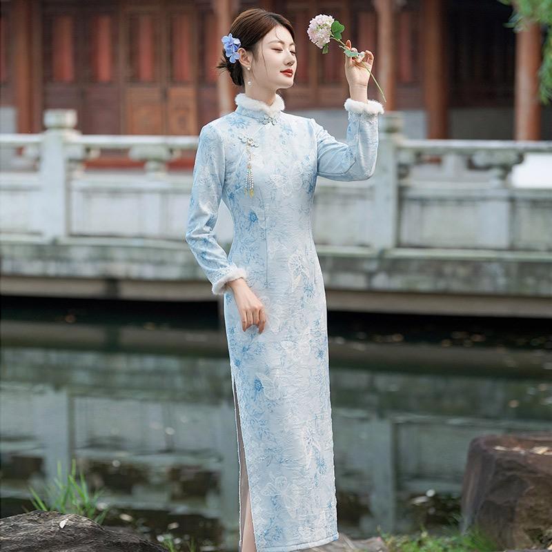 Long Sleeve Winter Warm Chinese-Inspired Dress With Stand Collar Side Slit Blue Thick Lined Qipao Style Women
