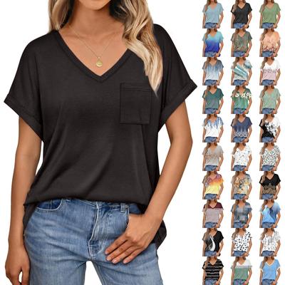 Womens Tops Short Sleeve V-Neck Shirts With Chest Pockets Loose Casual Basic Tees Summer Clothes