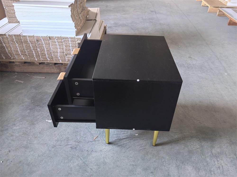 Black Nightstand with Wave Pattern and 2 Drawers, Bedroom Nightstand, Modern Nightstand with Metal Legs, 1 Piece