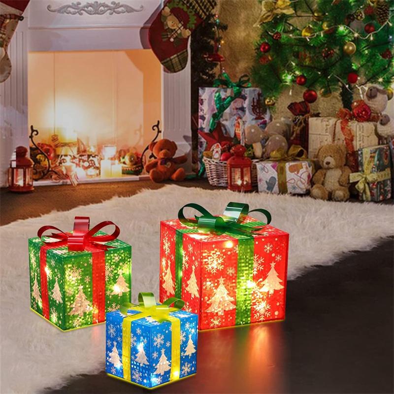 3PCS  Lighted Gift Boxes Christmas Decorations Snowflake Present Boxes Christmas Home Gift Box for Indoor Home Yard Lawn Decor