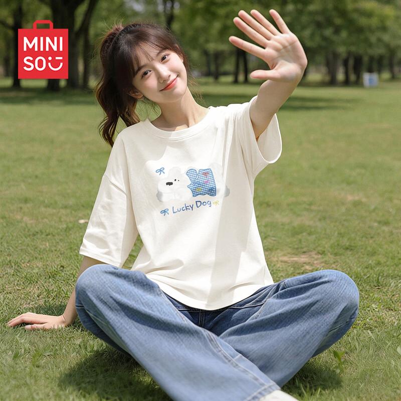 

MINISO Women s Cotton Short-Sleeve T-Shirt with Lazy Puppy Graphic EU 39