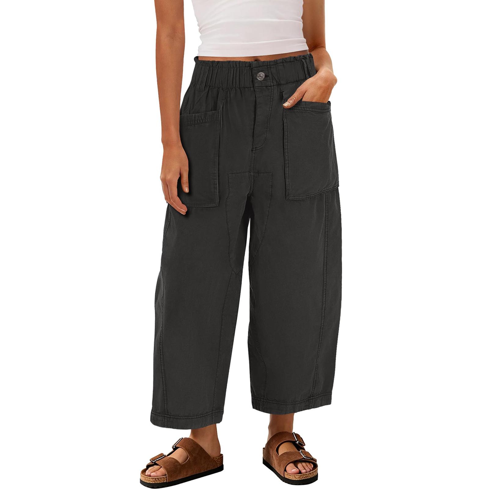 

Women Wide Leg Loose Fit Casual Harem Pants with Elastic Waistband and Large Patch Pockets for Daily Wear Relaxed Style S чорний