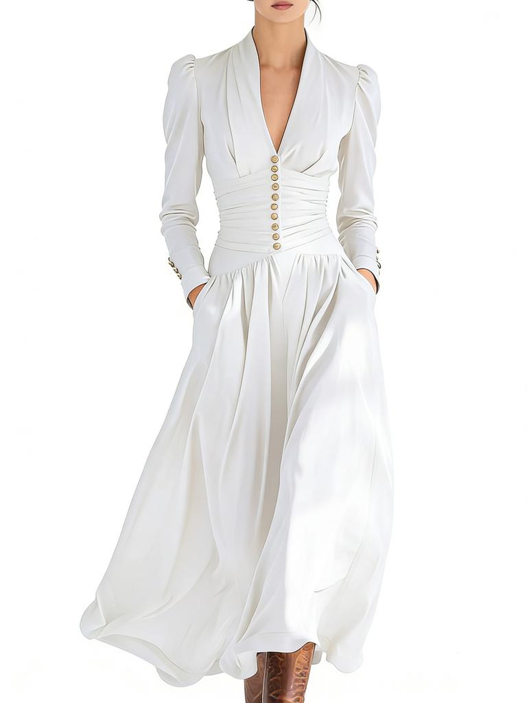 Elegant Empire Waist Dress V-Neck Bubble Sleeve Long Sleeve Maxi Dress for Women