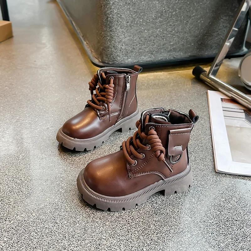 Boys Girls Ankle Boots Handsome Casual Kids Short Boots with Side Zipper 2024 New Children Leather Boots with Metal Decoration