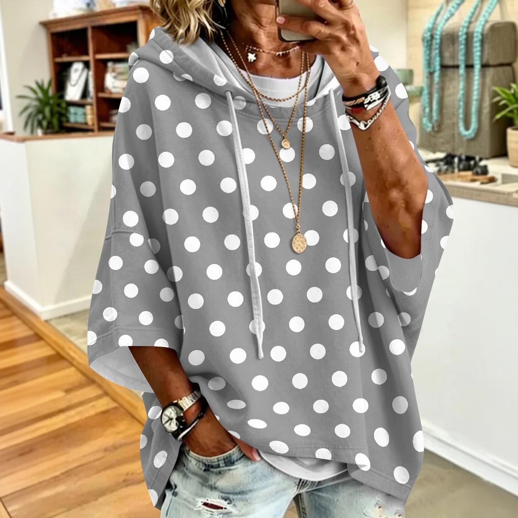 Women's Polka Dot Print Drawstring Hooded Sweatshirt Loose Fit Casual Top