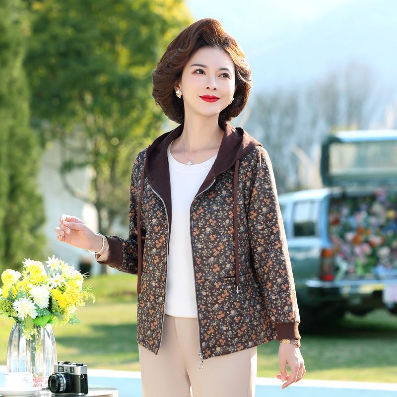 Elegant Print Hooded Jacket for Middle-Aged Women - Slimming, Fashionable Spring/Autumn Sweatshirt