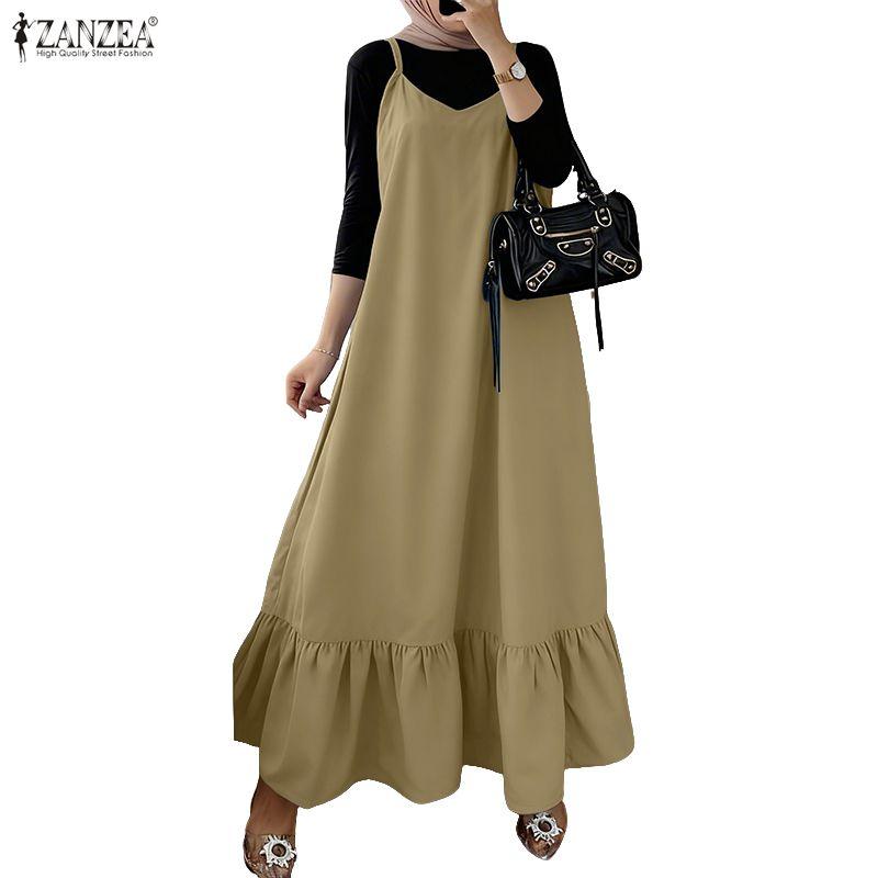 

ZANZEA Womens Loose Casual Sleeveless Straps Long Dress 5XL коричневый