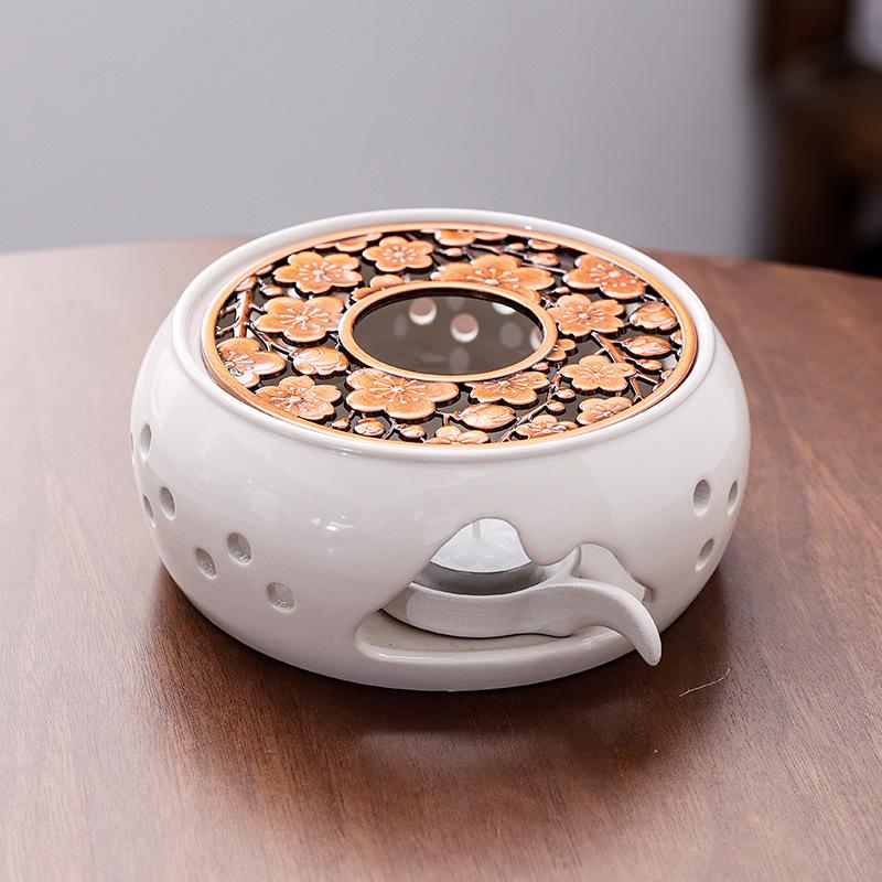 Japanese Style Ceramic Tea Warmer with Candle-Heated Insulated Glass Pot.