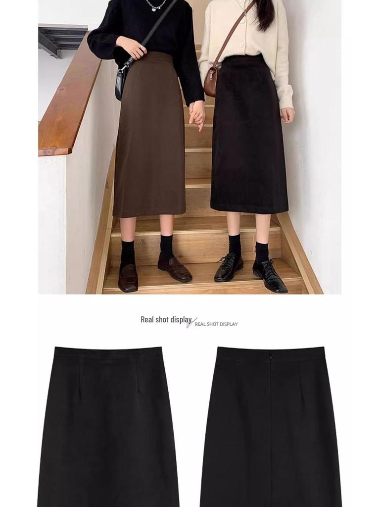 Women's High Waist Wool A-line Skirt: Slimming, Versatile, Black, Slit, Hip-Covering, Autumn/Winter 2025.