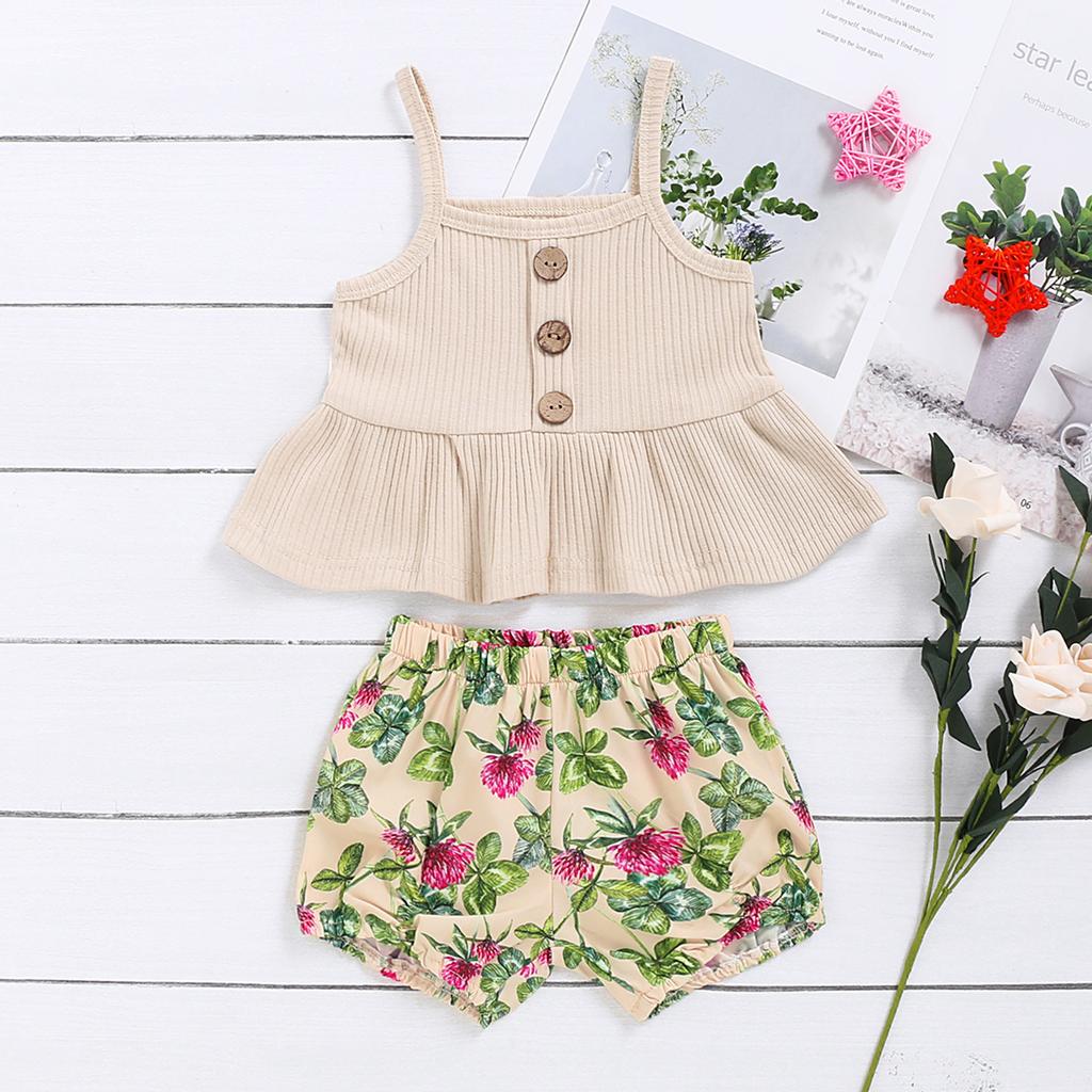 Toddler Baby Girls Ruffles Solid Suspender Tops Floral Printed Shorts Outfits
