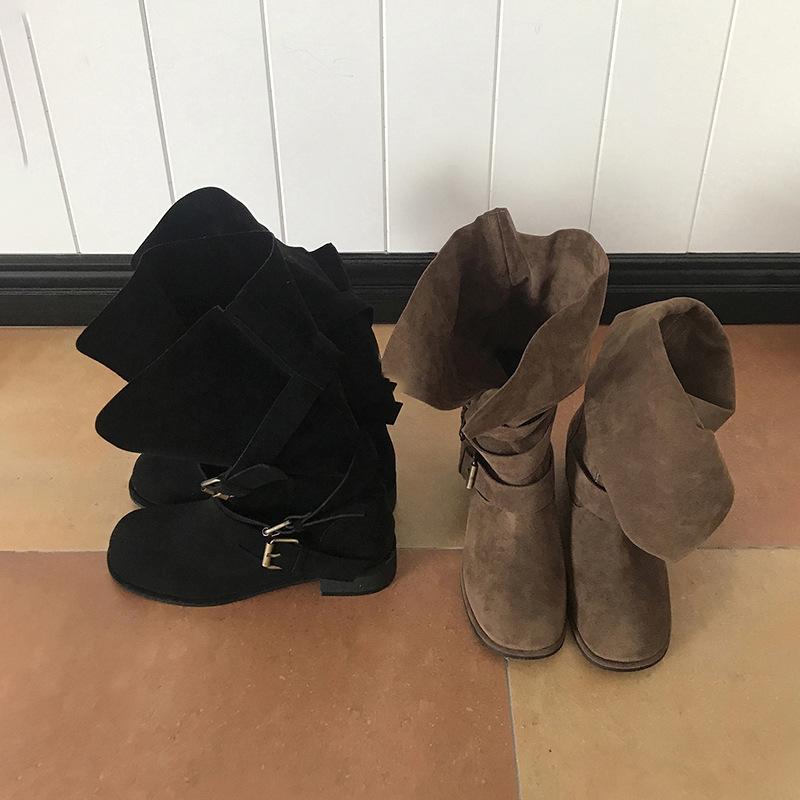 Cowhide version~ Leather Wasteland wind tube belt buckle western boots women's thick heel leather matte super soft knight boots women