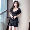 Temperament Low-cut V-neck Bubble Sleeve Dress Summer New Waist and Thin Irregular Ruffle Leaf Edge Hip Skirt