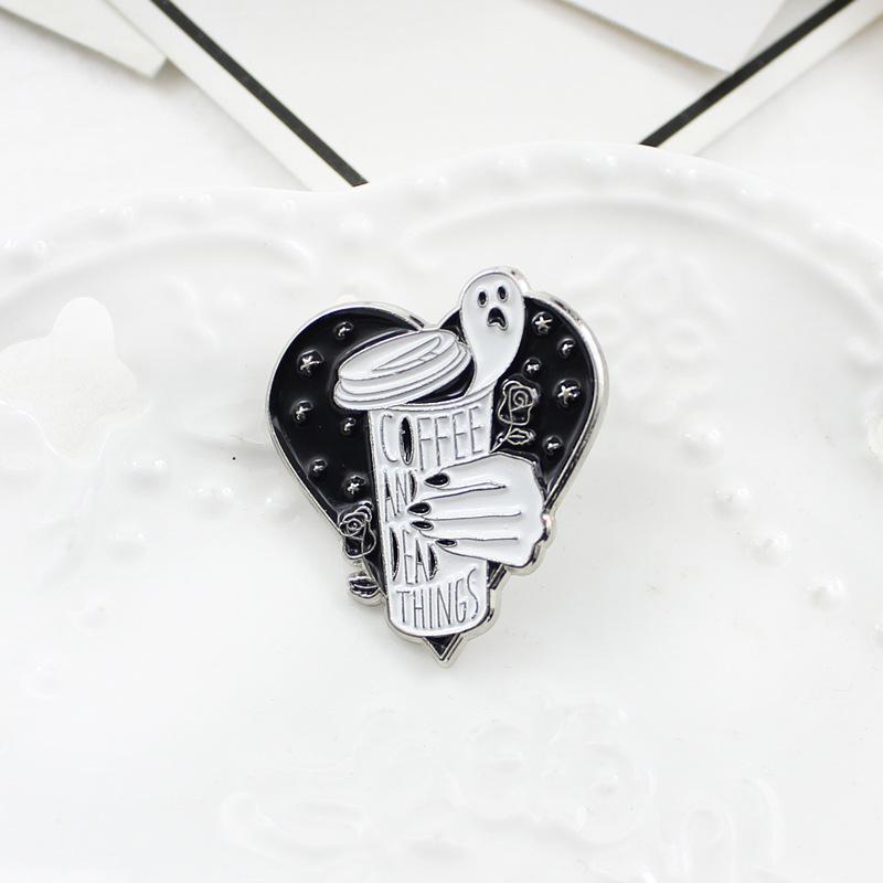 Heart & Ghosts Drip Oil Brooch: Black Rose & Coffee Cup Design