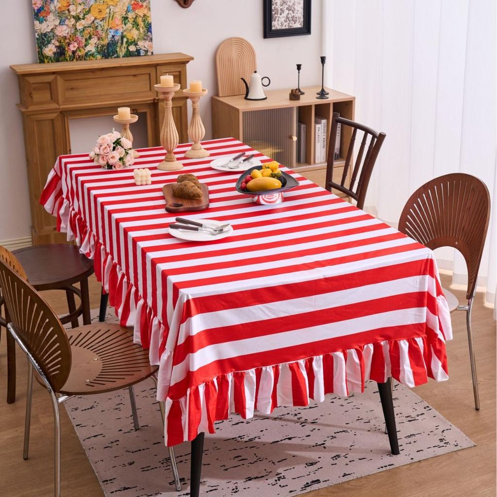 Striped Ruffled Lace Tablecloth Round Dust Proof Wrinkle Resistant Table Cover for Kitchen Party Dining Decoration Table Cloth