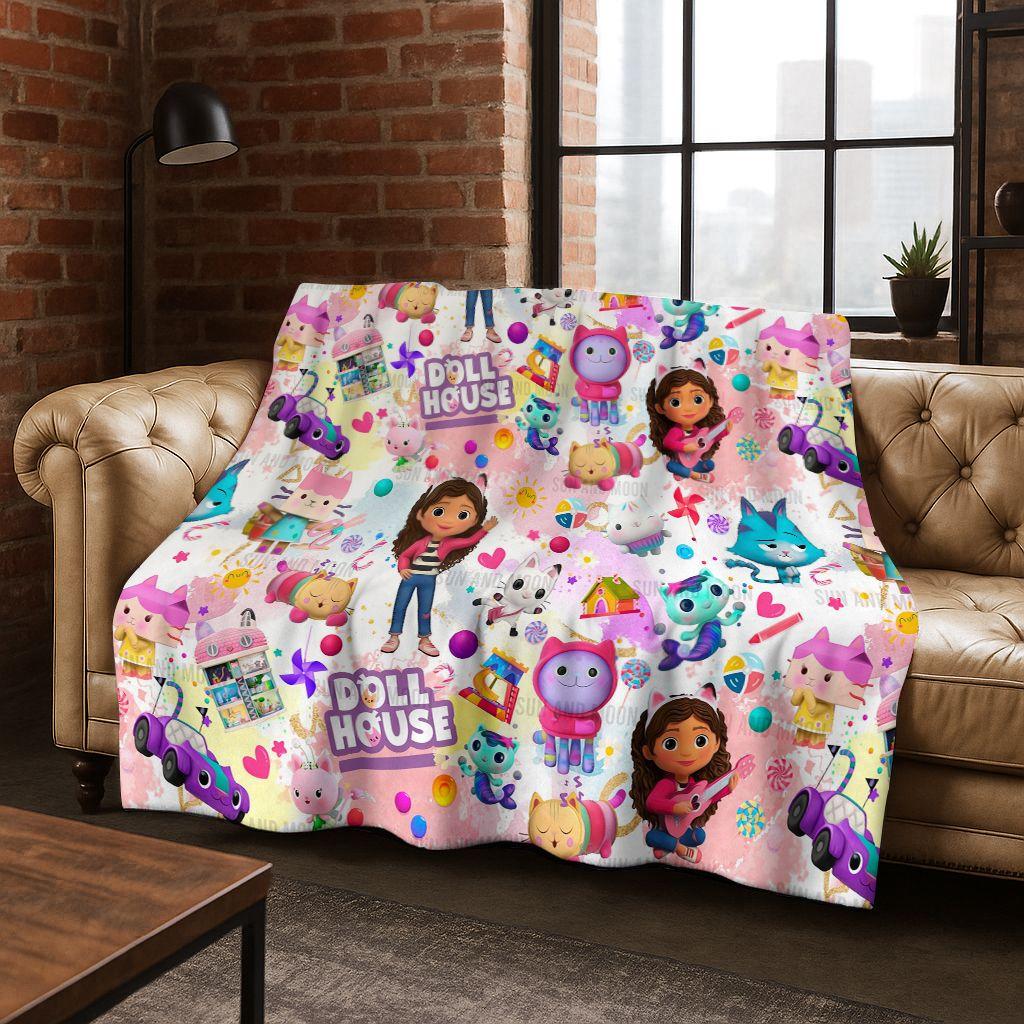 Cute Gabbys Dollhouse Cartoon Girl Kids Flannel Blanket Soft Warm Throw Blanket for Bed Bedroom Room Living Room Christmas Gift
