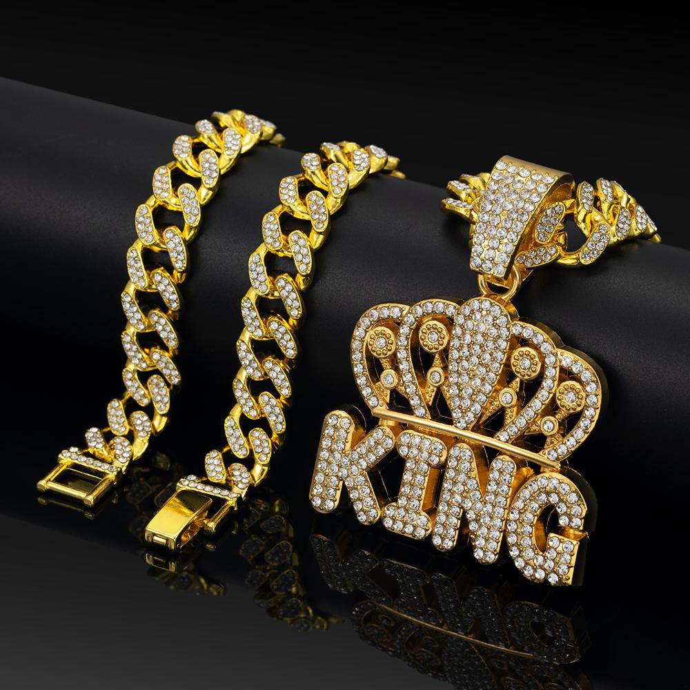 Collar con colgante de letra KING de corona de Hip Hop para hombre con cadena cubana Miami de 13 mm Iced Out Bling Collares HipHop Joyería de moda para mujer