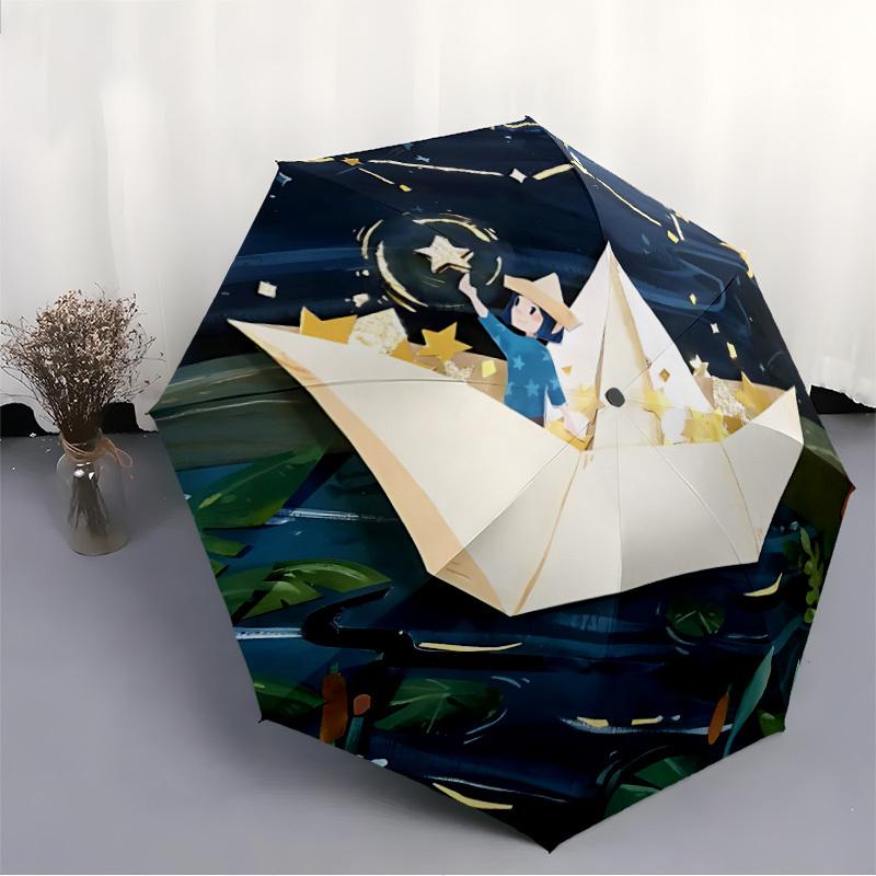 1pc Paper Boat Night Auto Open/close, All-Season Portable Folding Cute Umbrella for Women & Men, Travel, Everyday, Formal Events - Compact Luxury Para