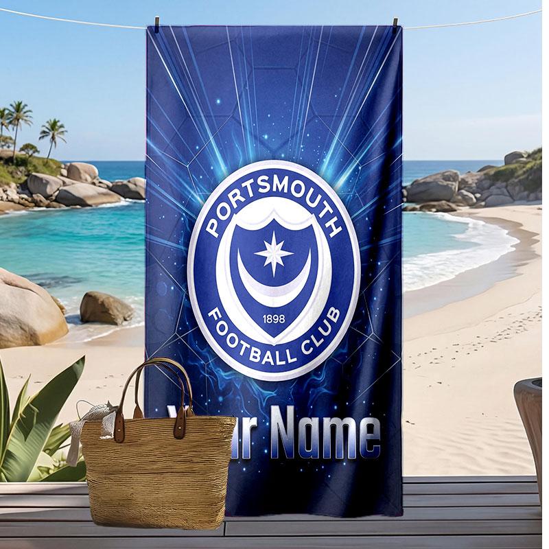 Portsmouth FC Personalized Printed Beach Towel Soccer Logo Support Custom Name Text Absorbent Towel For Sport Travel Special Gift
