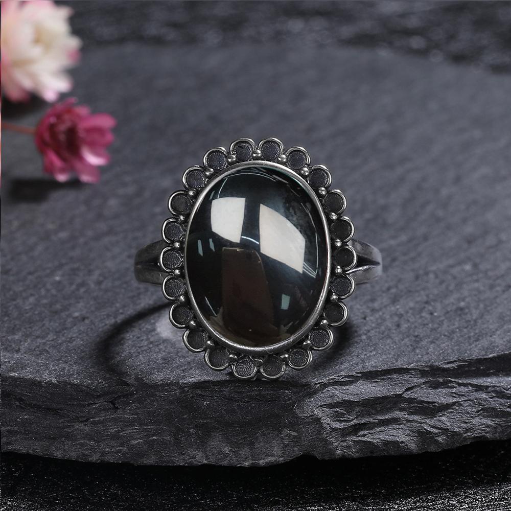 S Silver Ring for Women Oval Round Natural Black Agate Ring Gift Sun Shaped Retro Luxury Fine
