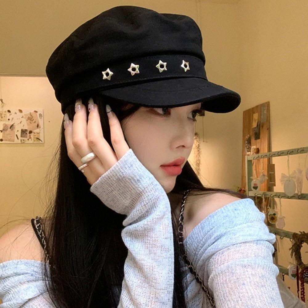 Flat Top Octagonal Cap Vintage Newsboy Hats Casual Star Hole Berets  Girls
