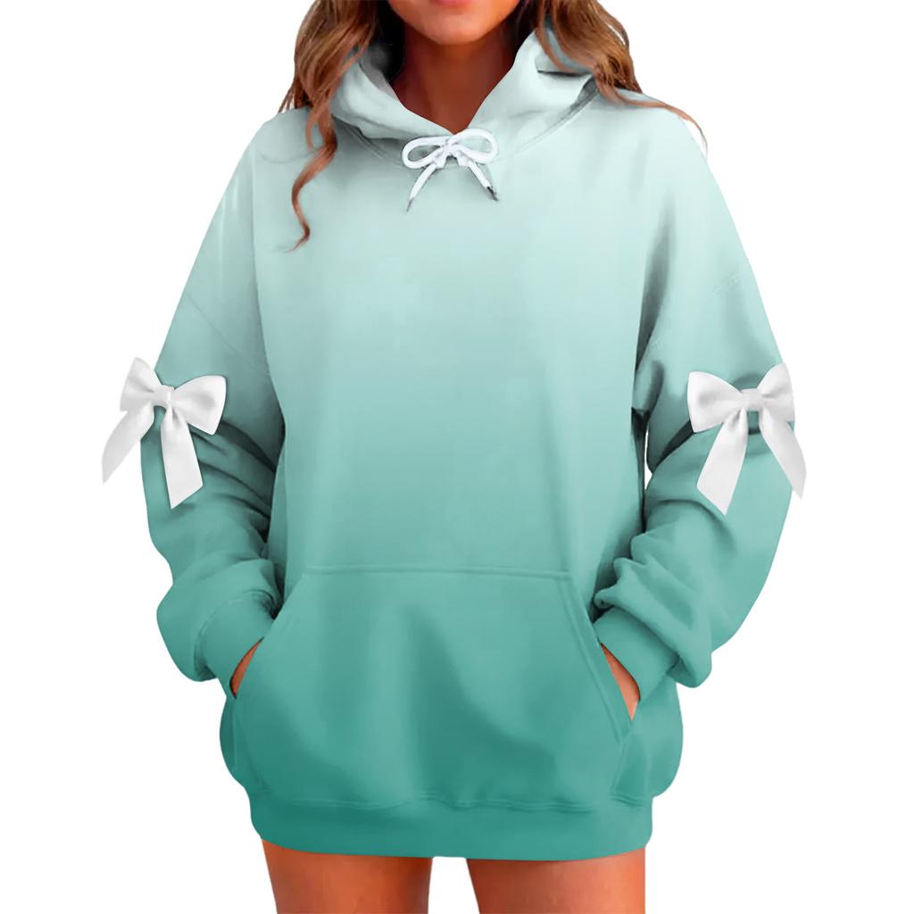 Ladies' Gradient Printed Bow Long Sleeved Loose Fitting Headband With Rope Hooded Sweatshirt Top