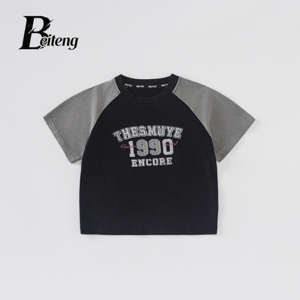 Beiteng Kids Summer Short Sleeve Korean Style Color Block Pure Cotton T-shirt 120 cm чёрный