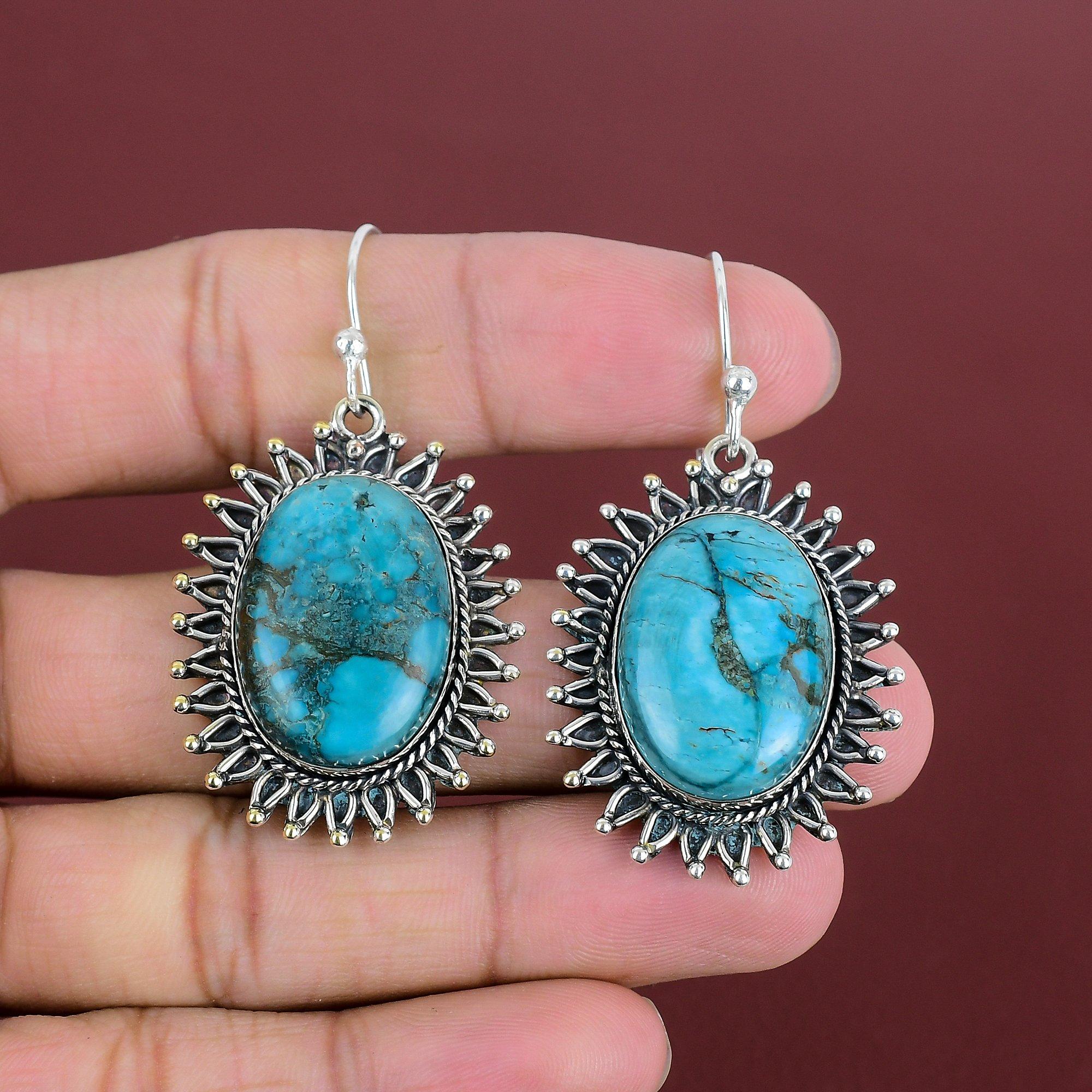 Tibetan Turquoise Earring Gemstone Handmade Earring 925 Sterling Silver Earring Genuine Tibetan Turquoise Jewelry Gifts For Her Drop Earring