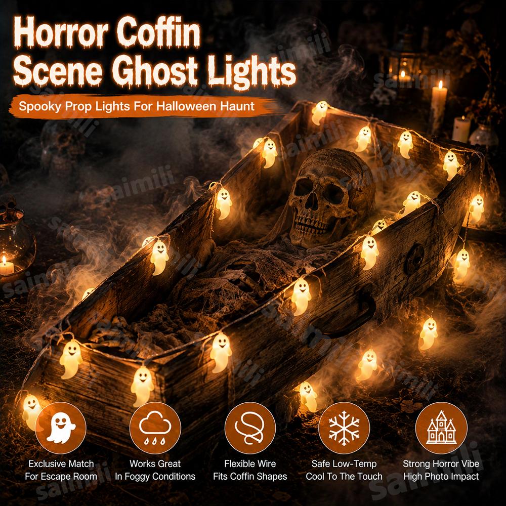 Battery Operated Halloween Ghost String Lights LED Hanging Decorative Lamp for Indoor Outdoor Yard Party Haunted House Bar Holiday Atmosphere