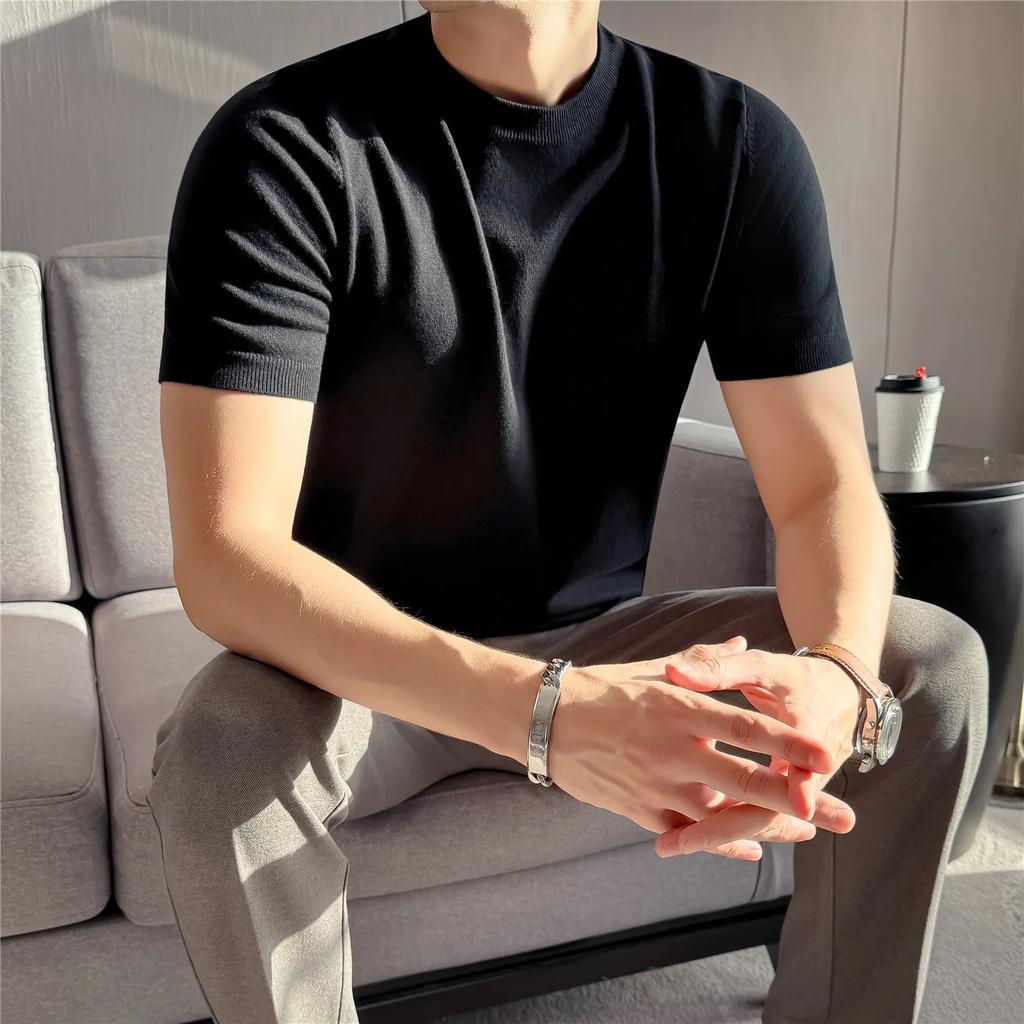 High Quality Solid Color Thick O-Neck Knitted T-Shirts Men Slim Fit Short Sleeve Knit Pullovers Korean Style Casual Tees Tops