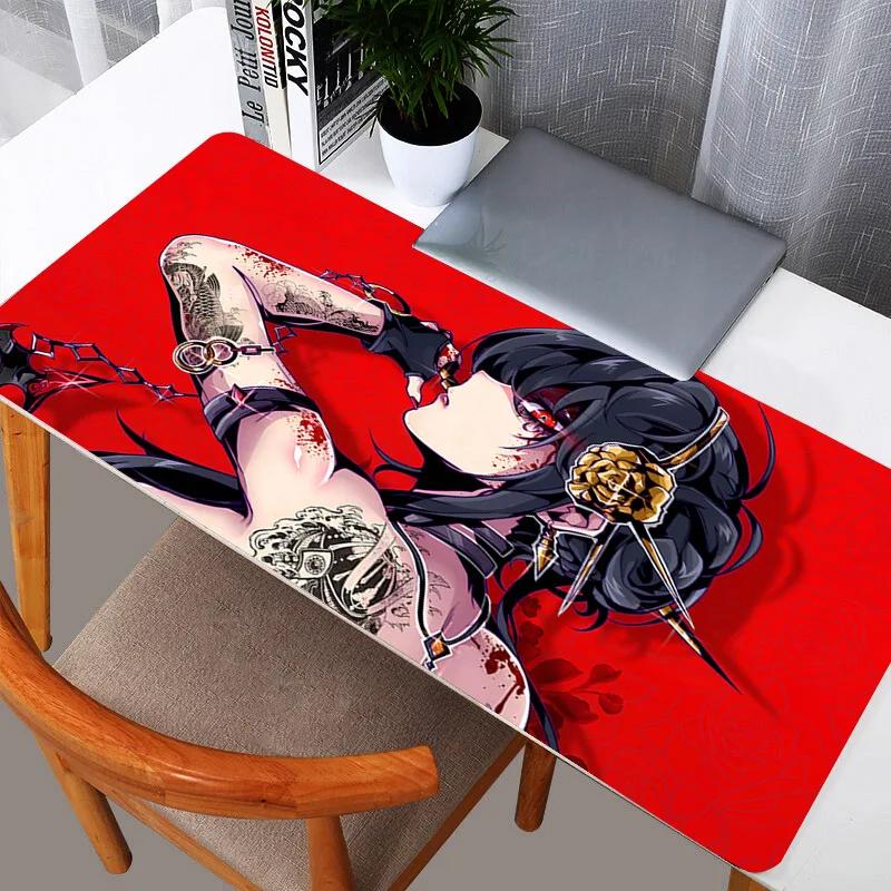 Gaming Mouse Pad Large Desk Mat Antislip Rubber Stitched Edges Tattooed Anime Girls Collage Art Print Extended Office Mat