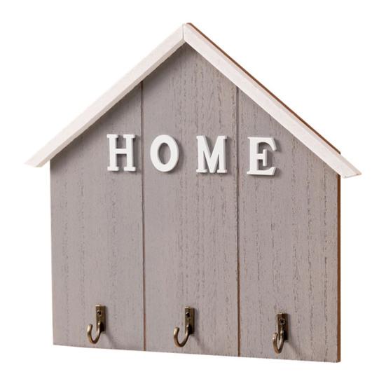 Wall Mount Key Holder Wooden House Shaped Keychain Organizer with 3 Hooks Rustic Key Rack for Entryway Bathroom Hallway Kitchen серый