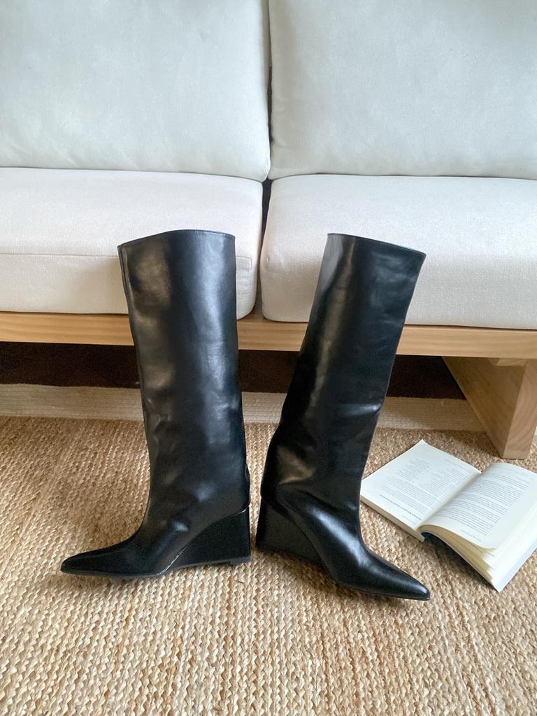 European and American temperament versatile and thin pointed wedge heel boots
