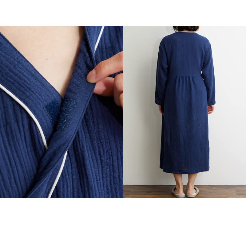 MY Double Gauze Pajama Long with Soft and Gentle on the Skin [KISS LIFE] Dress, Sleeves, Pockets, Embroidery, Fluffy, All-Season Loungewear, (L, Navy)