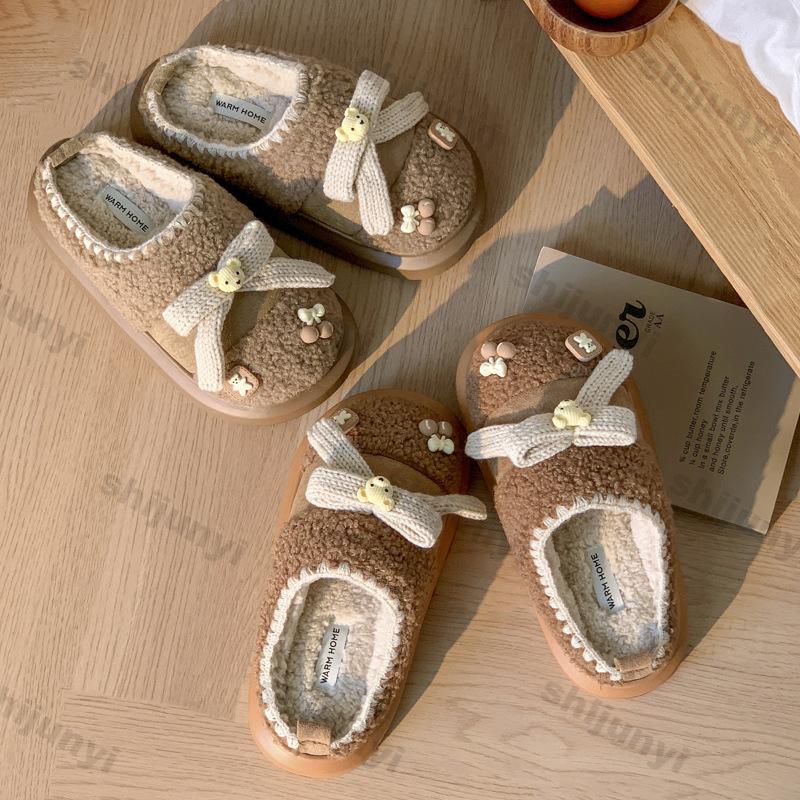 Fashion Women Winter Warm Flat Cotton Slippers Female Cute Bear Home Furry Thick Warm Slides Ladies Comfort Non Slip Indoor Cotton Shoes