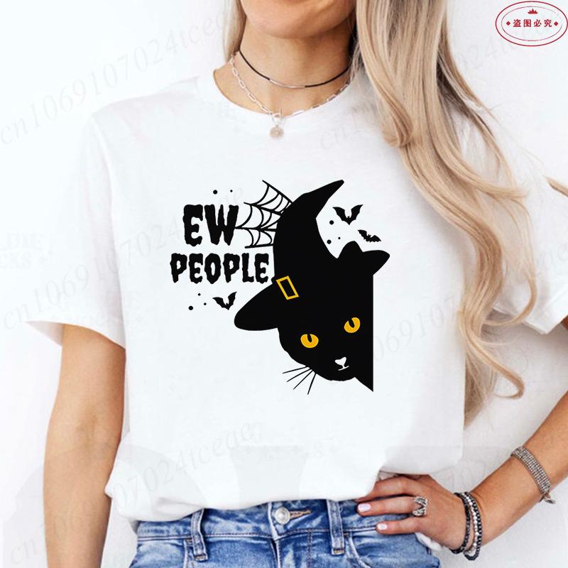 Halloween Cats Graphic Y2k Tops Women T-Shirt Casual Ulzzang Harajuku Streetwear Aesthetic Female Clothing Short Sleeve Tees