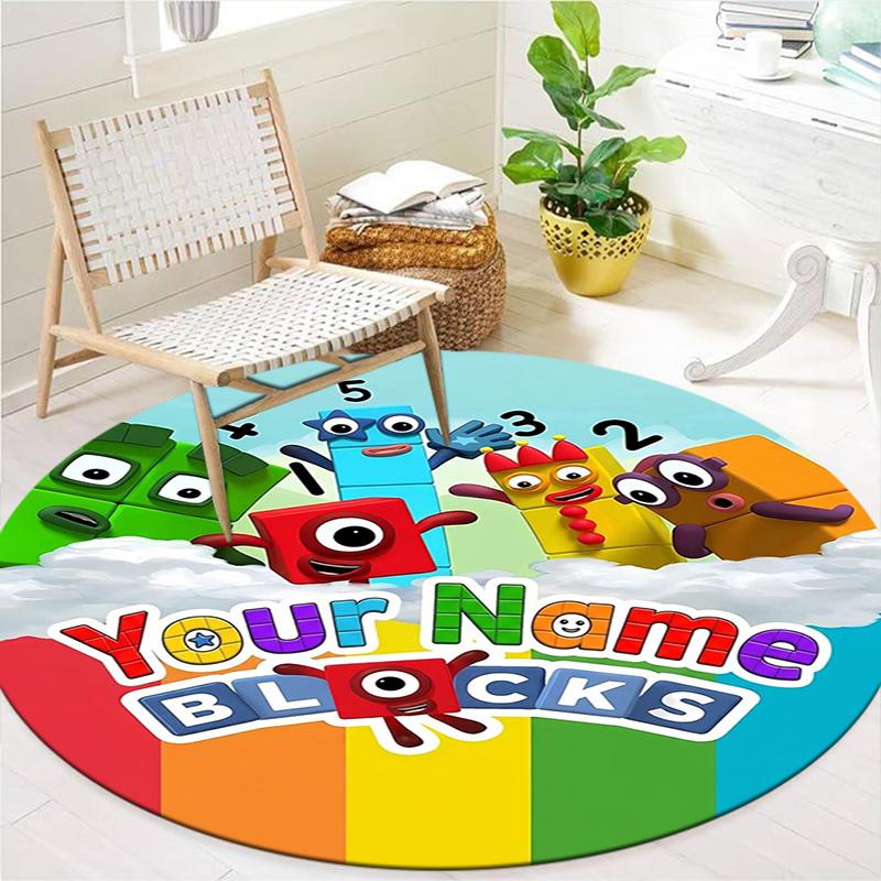 Blocks Clouds Custom Name Round Area Rug Carpet Rug For Living Room Bedroom Sofa Playroom Decor Nonslip Floor Mat