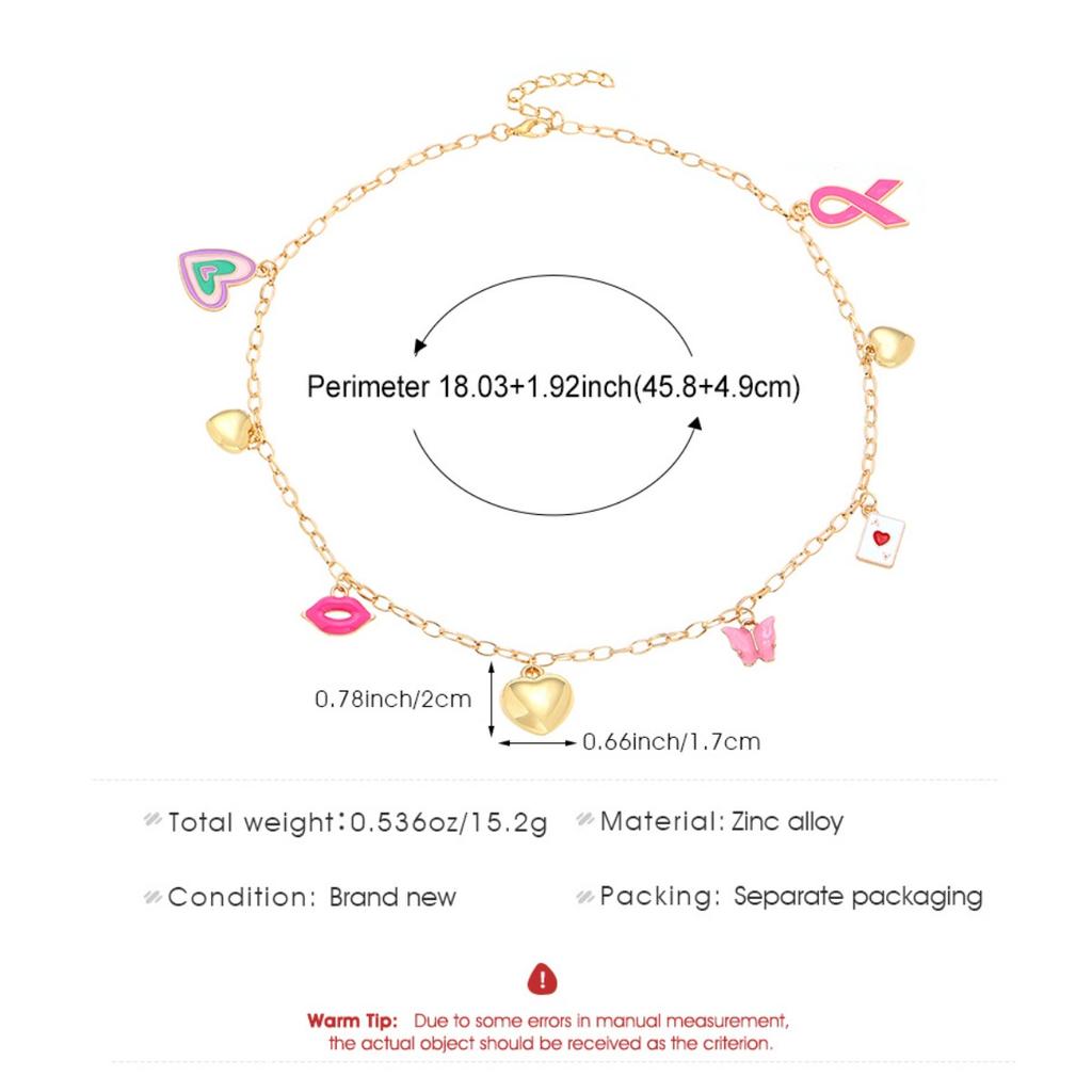 Multi Charm Chain Necklace with Rainbow Heart Butterfly and Lips Pendants for Women