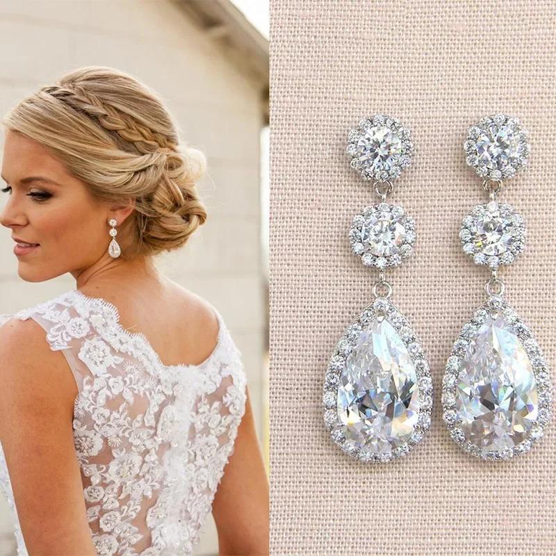 

New Copper Color Wedding Dangle Earrings with Crystal Pear Cubic Zirconia Simple and Elegant Women s Trendy Zircon