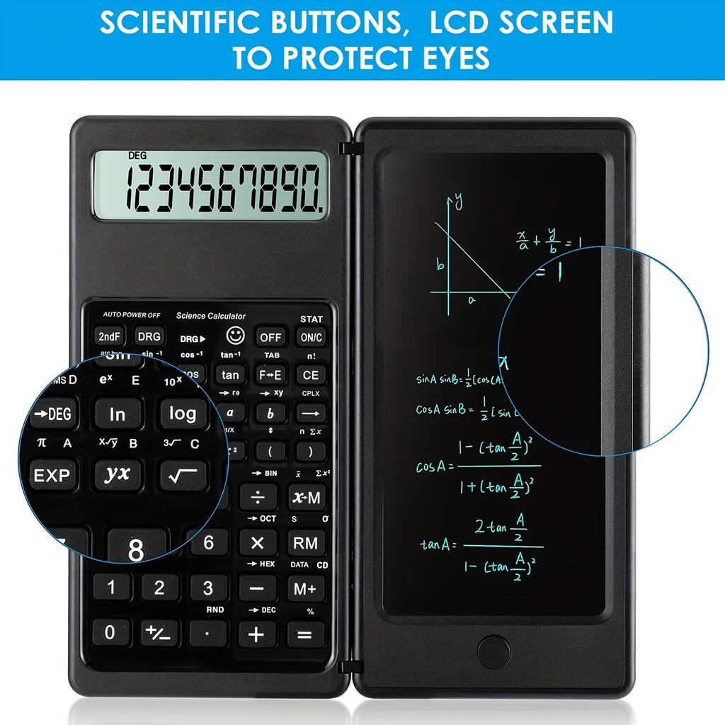 10-Digit LED Display Scientific Calculator with Handwriting Pad, Dual Power with Button Battery, Foldable Desktop Calculator with One-Click Erase,