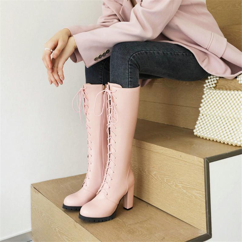 Women Knee-High Motorcycle Boots Cross Tied Thick Heel Platform Female Wedding Party Princess Shoes Lolita Knight Boots 32-46