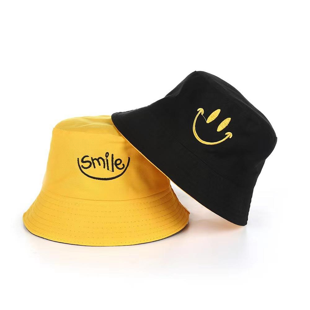 

Bucket hat women sunshade sunscreen hat travel beach basin hat embroidery Korean version double-sided smiley hat