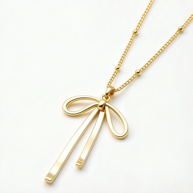 18K Gold Zircon Copper Bow Necklace with Full Diamond Clavicle Chain