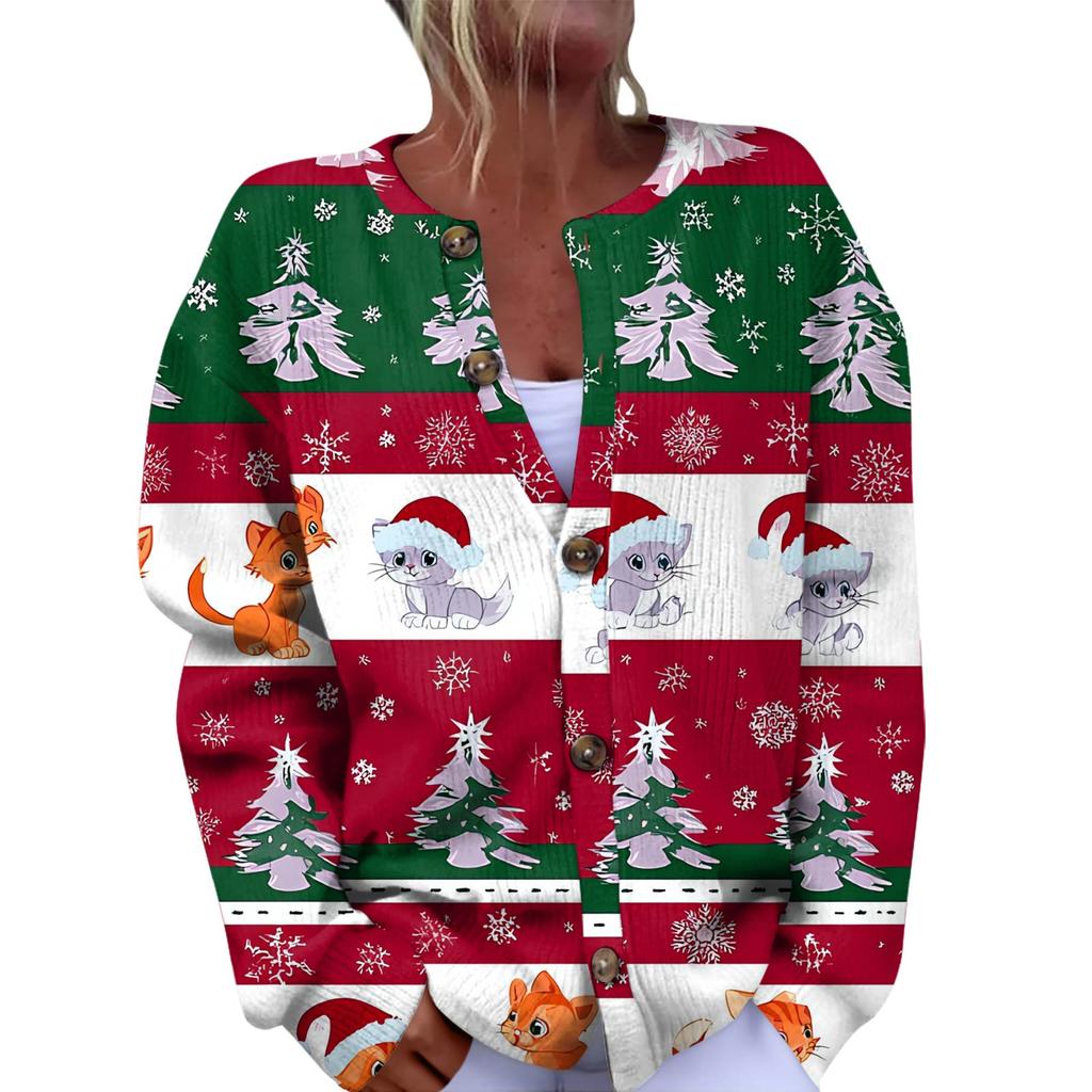 Women's Fashion Christmas Printed Long Sleeve Knitted Cardigan Button Down Jacket
