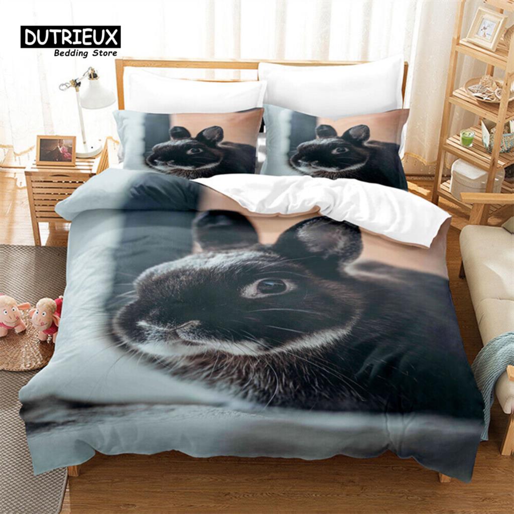 Bunnies Duvet Cover Mushroom Floral Bedding Set Cute Animal Rabbit Quilt Cover Twin Size Greetings and Presents for Easter Day