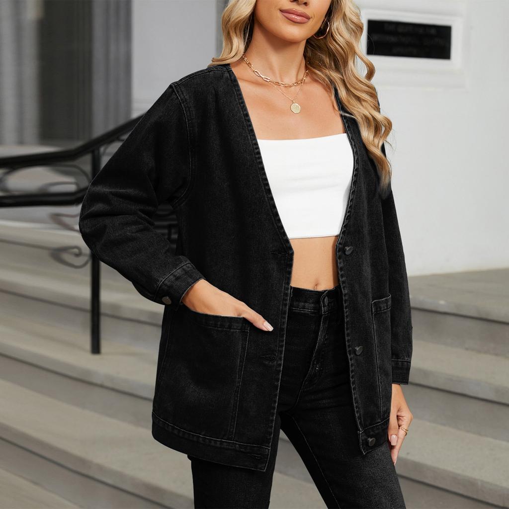 Women's Fashionable Versatile Classic Retro Solid Color V Neckl Long Sleeved Pocket Loose Denim Jacket