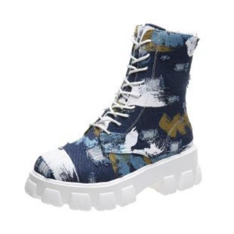Autumn and winter color side zipper denim flat-bottomed platform short boots women's retro platform muffin bottom Martin boots lace-up