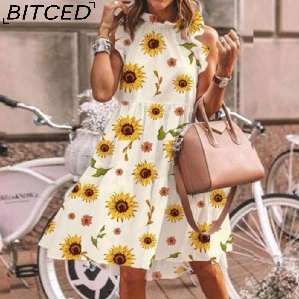 BITCED Women Floral Print Dress Loose Streetwear Knee Length Sleeveless Ruffle Party Dress S-3XL